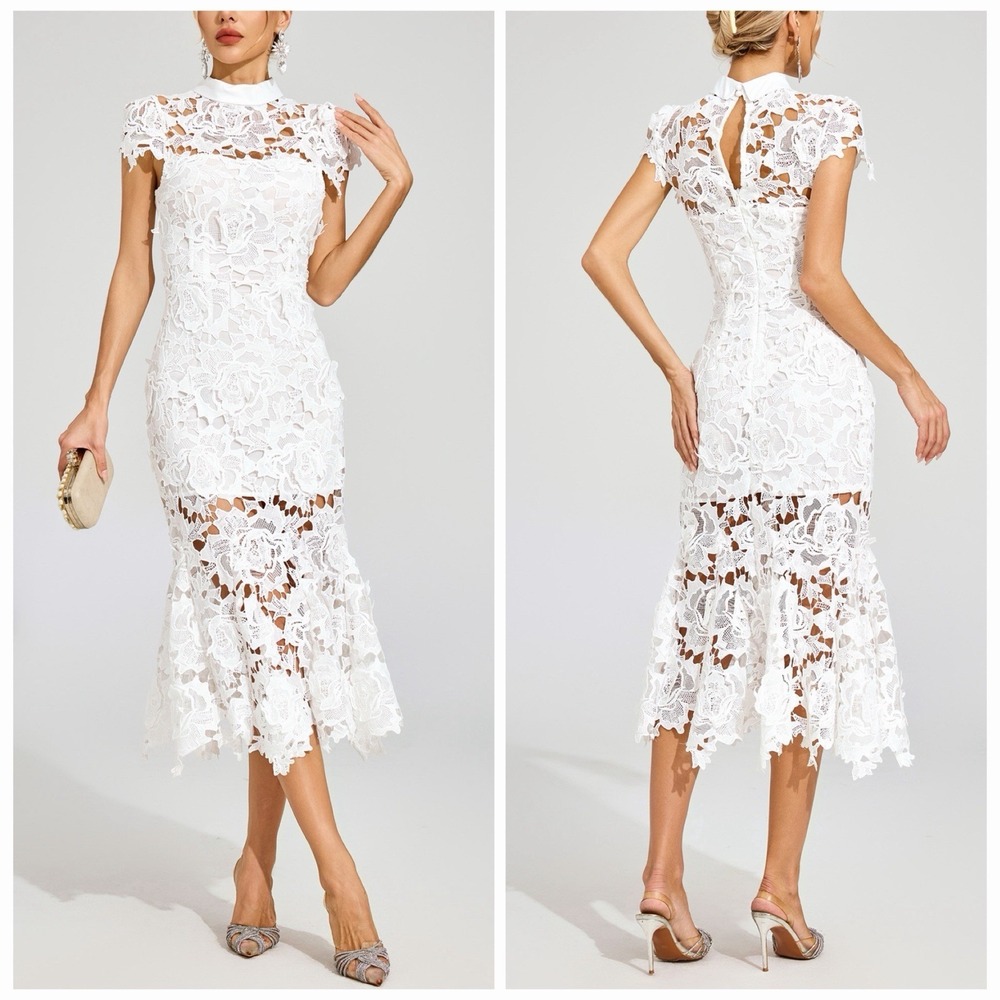 Catchall Borg Dress Women's Small Midi White Fishtail Floral Cut Out Lace  - NEW